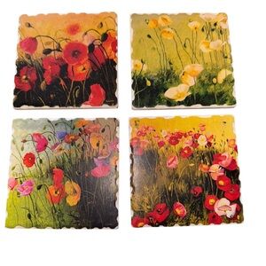 Shirley Kratz Signed Signed Set Of 4 Square Ceramic Coasters With Cork  Backs